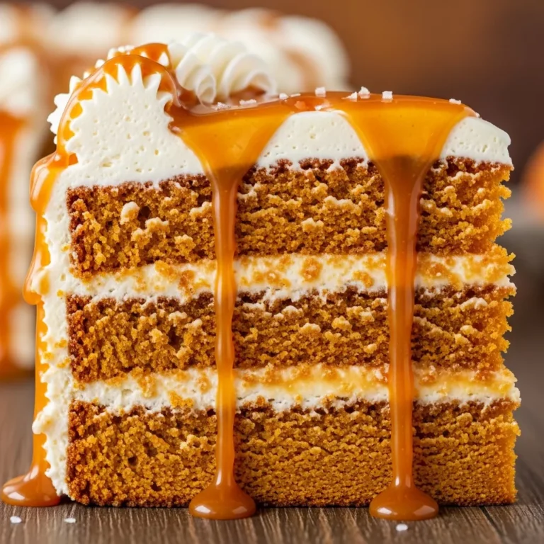 Whole Spiced Pumpkin Dream Cake with Salted Caramel and Cream Cheese Frosting, garnished with caramel drizzle.